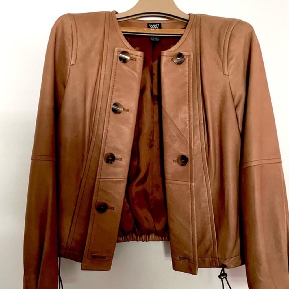 Vintage look, Tan Genuine Leather Pleated Sleeve Button Drawstring Bottom Jacket